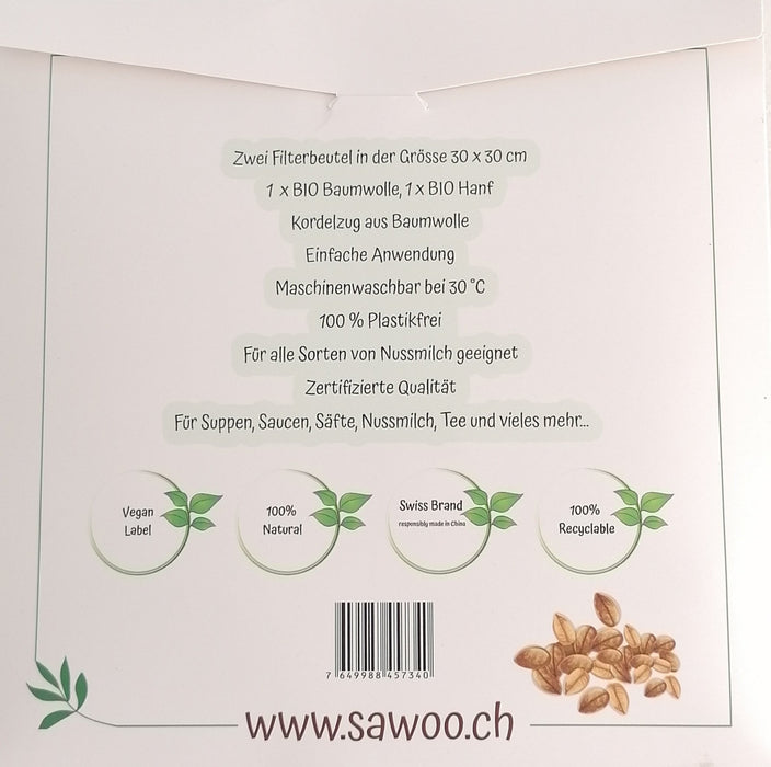 2. Wahl SAWOO - Nussmilchbeutel "Filtery" im 2er Pack - zertifizierte BIO Qualität - mit leichten Schäden an der Verpackung!